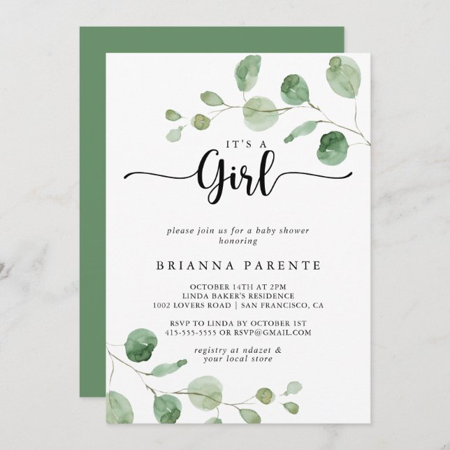 Invitación Es un Chica Baby Shower de Eucalyptus Green Deligh (Anverso / Reverso)