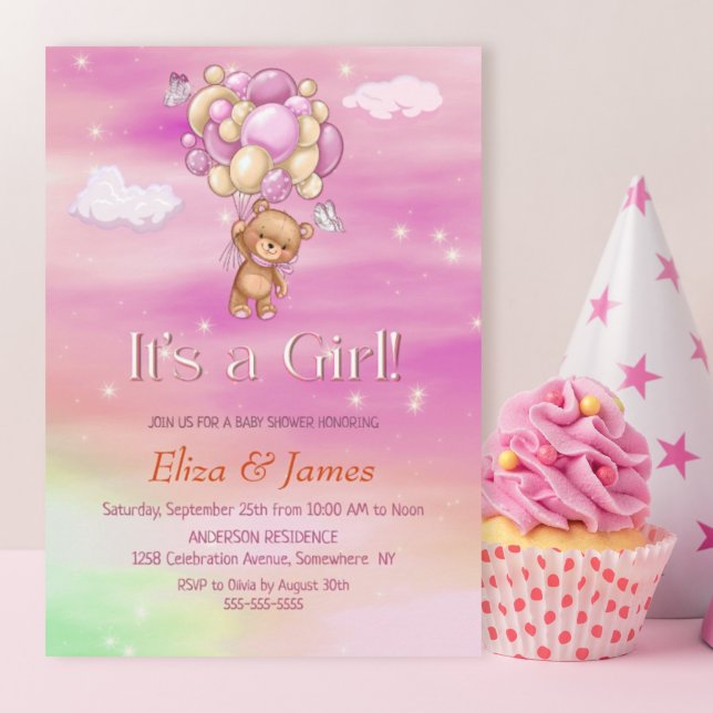 Invitación ¡Es un Chica! Baby Shower de los globos rosados de (Subido por el creador)