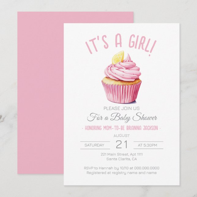 Invitación Es un Chica Baby Shower de pastelitos rosados de R (Anverso / Reverso)