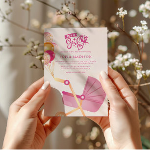 Invitación Es un Chica Baby Shower de Stroller Rosa