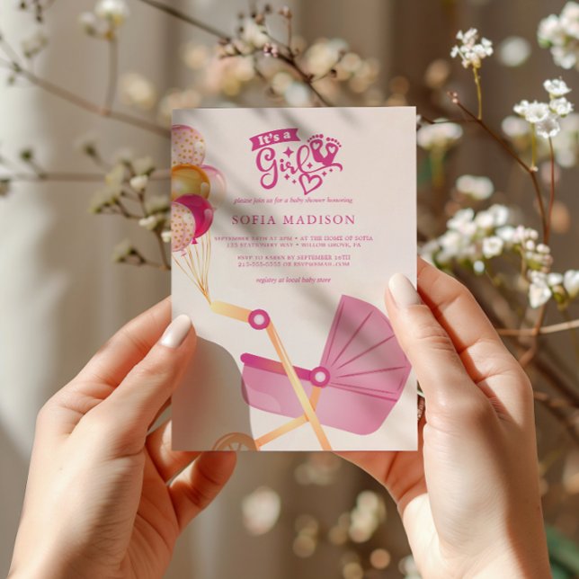 Invitación Es un Chica Baby Shower de Stroller Rosa (Subido por el creador)