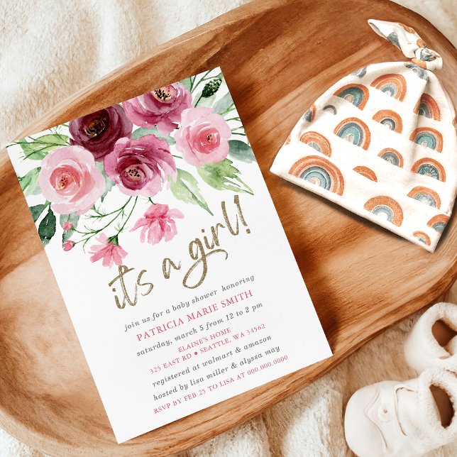 Invitación Es un chica Baby Shower floral rosa moderno (Its a girl Modern Pink Burgundy Floral Baby Shower Invitation)