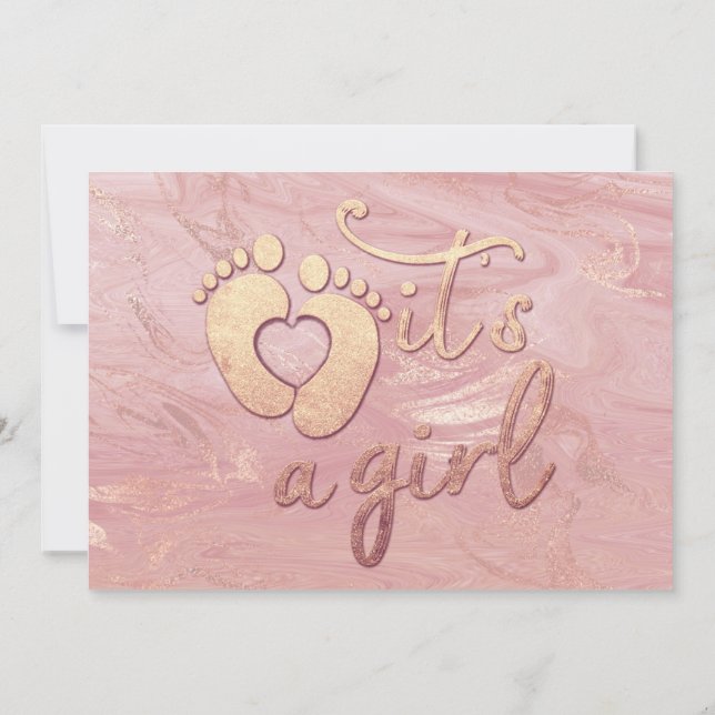 Invitación Es un Chica Baby Shower pies Rosa Marble Gold (Reverso)