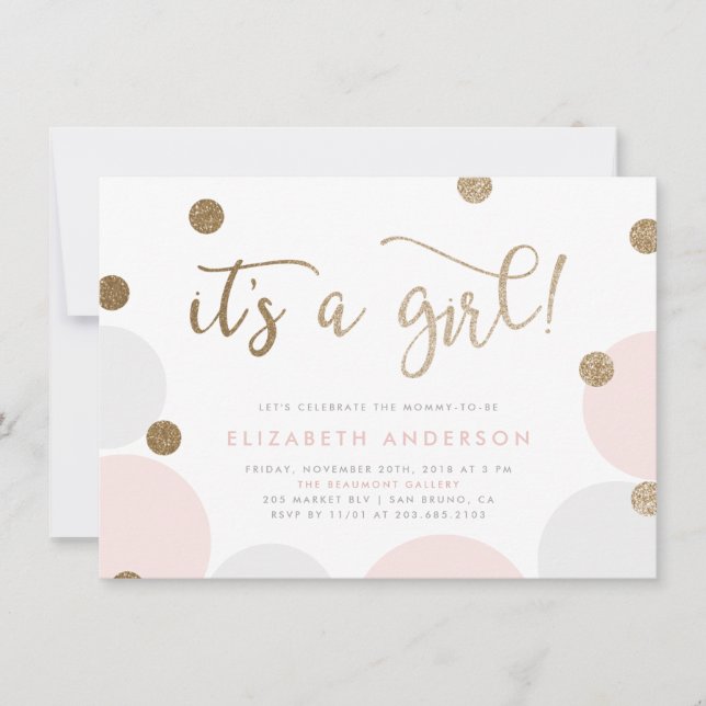 Invitación ¡Es un Chica! | Baby Shower Pink & Gold Confetti (Anverso)