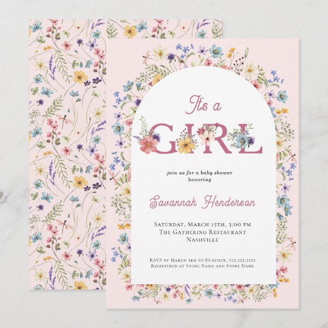Invitación Es un Chica Baby Shower rosado con flores silvestr (Anverso / Reverso)