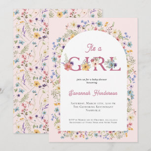 Invitación Es un Chica Baby Shower rosado con flores silvestr