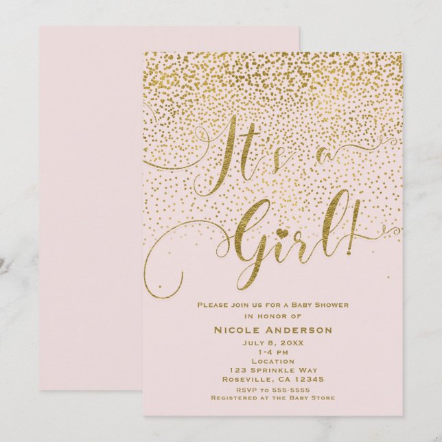Invitación Es un Chica Baby Shower Rubor Rosa & Gold Confetti (Anverso / Reverso)