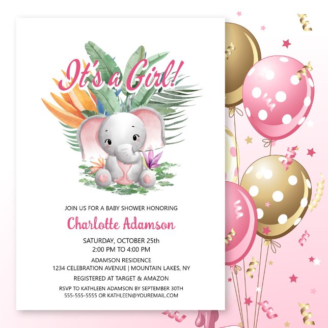 Invitación ¡Es un Chica! Baby Shower Tropical Baby Elephant (Subido por el creador)
