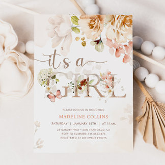 Invitación Es un Chica, bebé en flor, Baby Shower en jardín