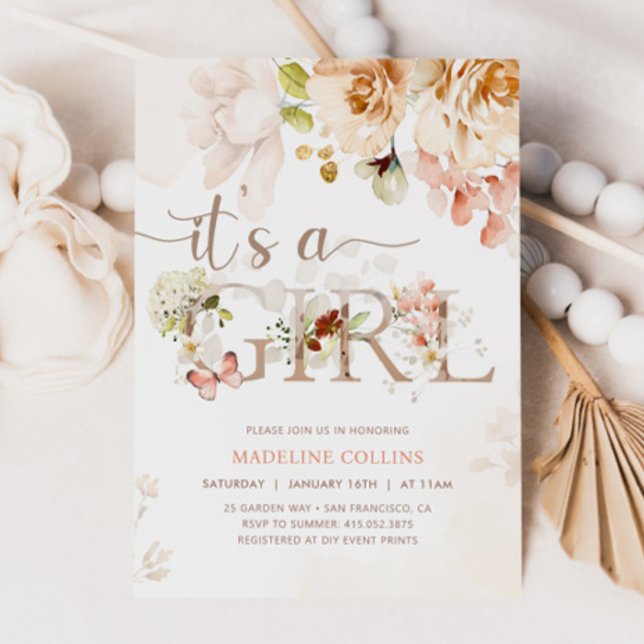 Invitación Es un Chica, bebé en flor, Baby Shower en jardín (Subido por el creador)