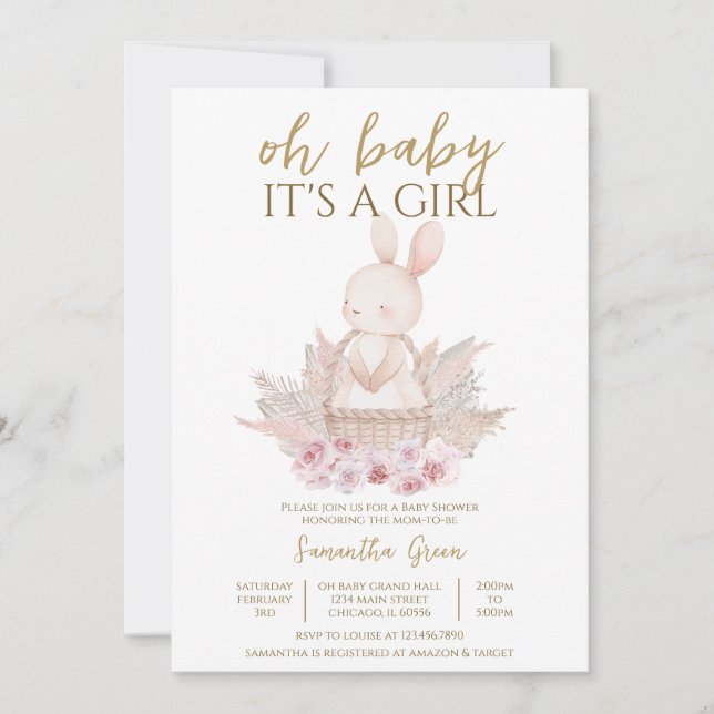 Invitación Es un Chica Boho Bunny Baby Shower (Anverso)