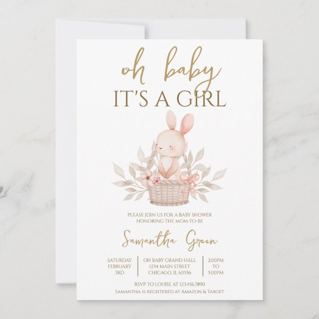 Invitación Es un Chica Boho Bunny Baby Shower (Anverso)