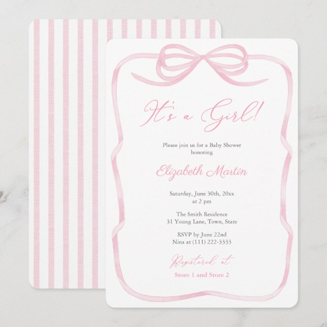 Invitación Es un Chica Bonito de cinta rosa Baby Shower (Anverso / Reverso)