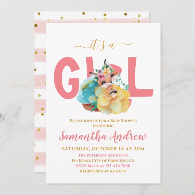 Invitación Es un Chica Bonito Fox dibujando Baby Shower (Anverso / Reverso)