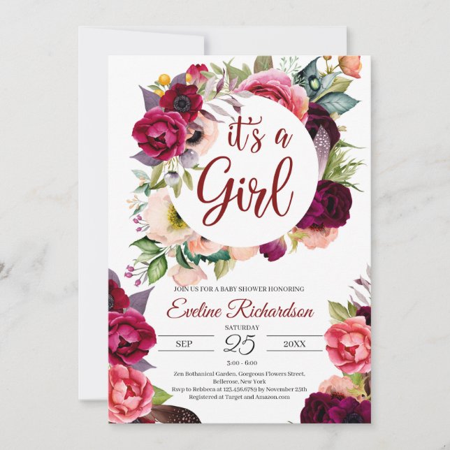 Invitación Es un chica borgoña y marrón floral bebé (Anverso)