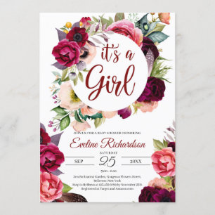 Invitación Es un chica borgoña y marrón floral bebé