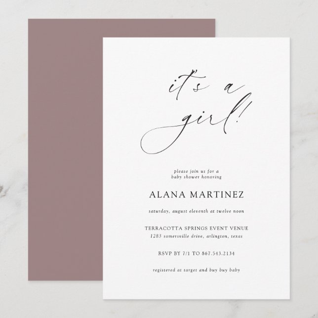 Invitación Es un Chica | Caligrafía mínima moderna (Anverso / Reverso)