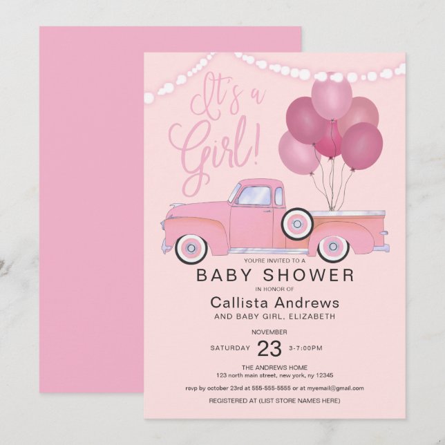 Invitación Es un Chica Camión Rosado que ilumina Baby Shower (Anverso / Reverso)