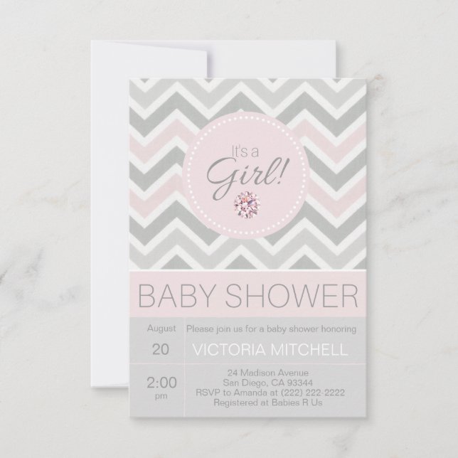 Invitación Es un Chica Chevron rosa/gris Baby Shower (Anverso)