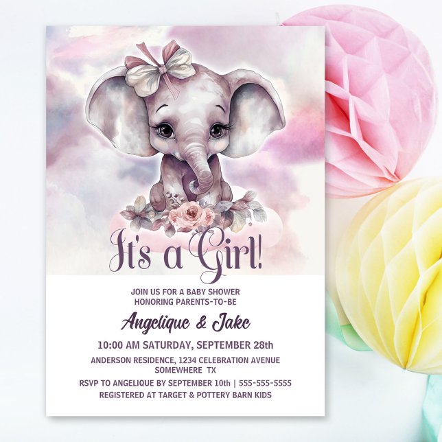 Invitación Es un Chica Chica elefante bebé Baby Shower (Subido por el creador)