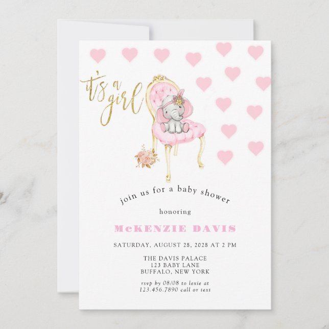 Invitación Es un Chica Chica elefante lindo Baby Shower (Anverso)