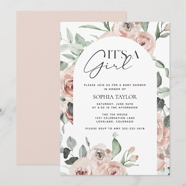 Invitación Es un Chica  Chica Floral Rosa Baby Shower (Anverso / Reverso)