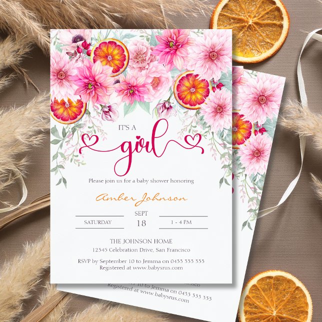 Invitación Es un Chica cítrico rosado floral lindo Baby Showe (It's a girl baby shower invitation, pink peonies, pink dahlias and slices of orange)
