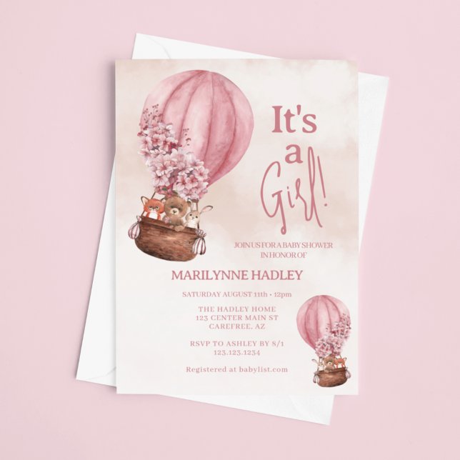 Invitación Es un Chica con un globo de Oso Cute Baby Shower (Subido por el creador)