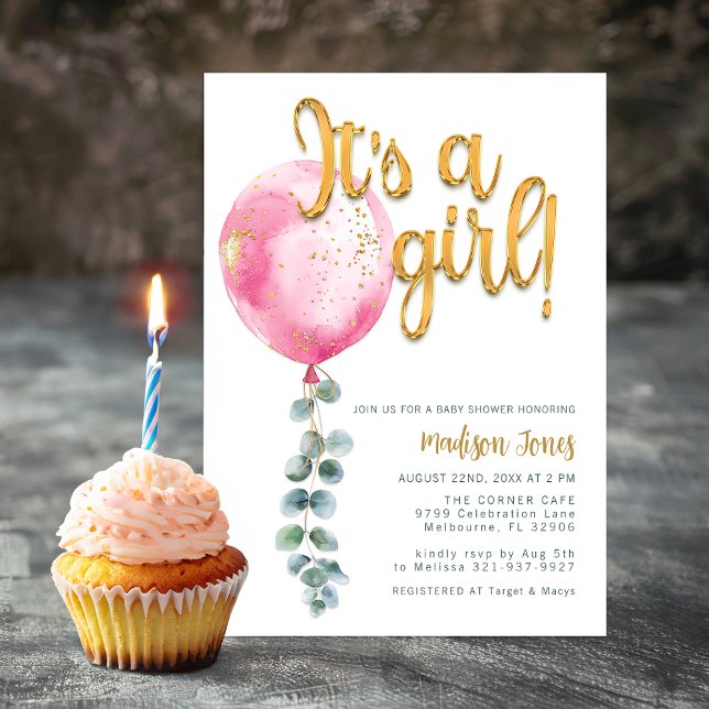Invitación Es un Chica con un globo rosa Baby Shower y un gui (It's A Girl Invitation )
