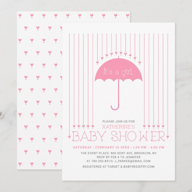 Invitación Es un chica | Corazones y paraguas Baby Shower (Anverso / Reverso)