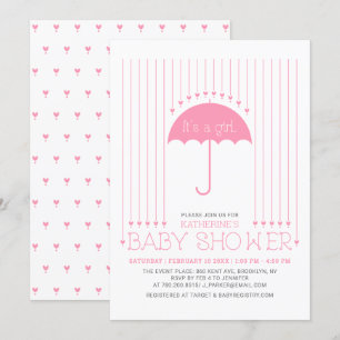 Invitación Es un chica   Corazones y paraguas Baby Shower
