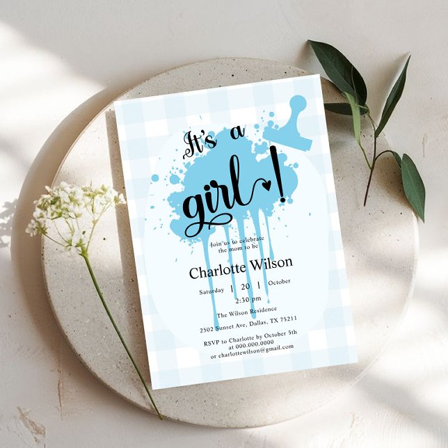 Invitación Es un Chica Cute Pastel Blue Gingham Baby Shower (Subido por el creador)