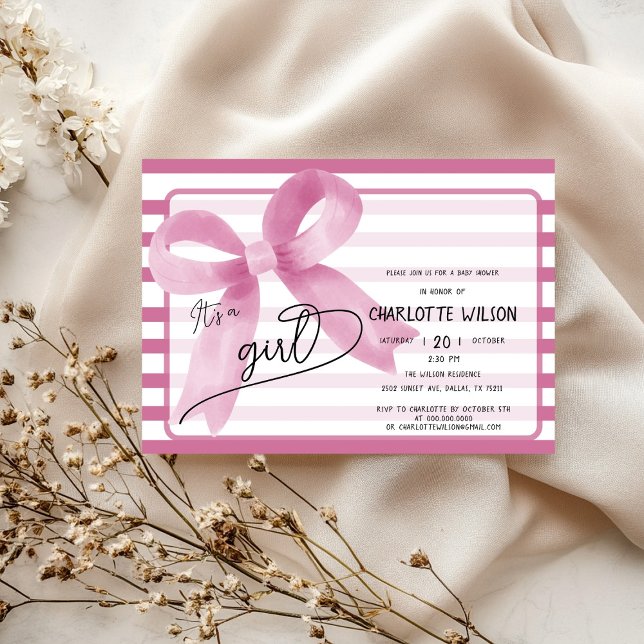 Invitación Es un Chica Cute Rosa Stripes Baby Shower (Subido por el creador)