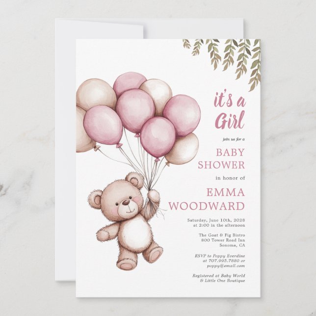 Invitación Es un Chica de Baby Shower con globo de cobre (Anverso)