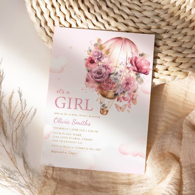 Invitación Es un Chica de Boho Pink Floral Balloon Baby Showe (Subido por el creador)
