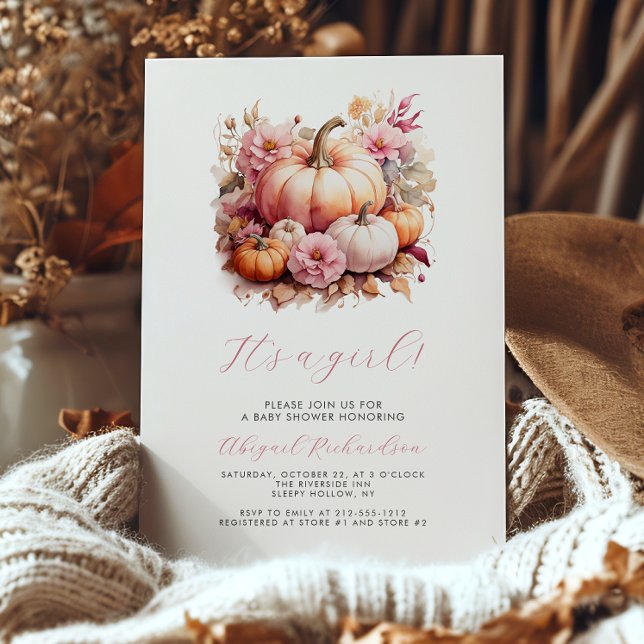 Invitación Es un Chica de calabazas florales rosadas caen en  (Subido por el creador)