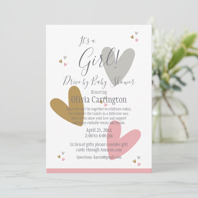 Invitación Es un CHICA de corazones rosados manejado por Baby (Anverso de pie)