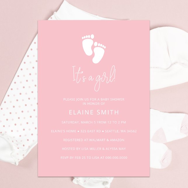 Invitación Es un Chica de la huella infantil un Baby Shower r (Its a Girl Baby Footprint Cute Pink Baby Shower Invitation)