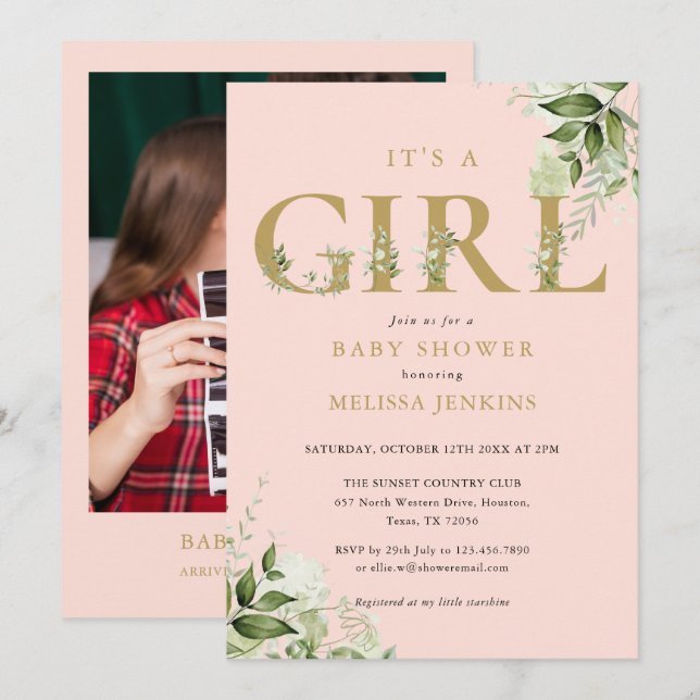 Invitación Es un Chica de la vegetación Baby Shower de fotos  (Anverso / Reverso)