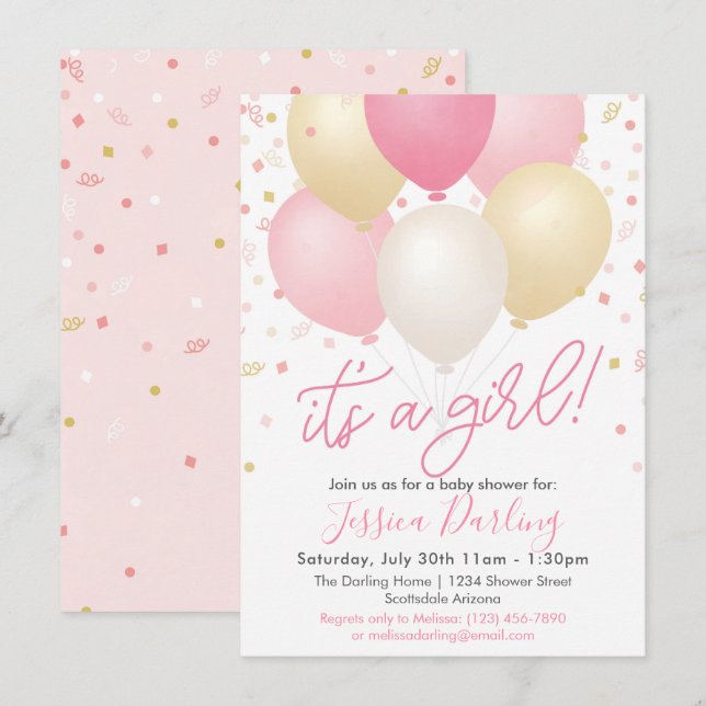 Invitación Es un Chica de los globos rosados de Baby Shower y (Anverso / Reverso)