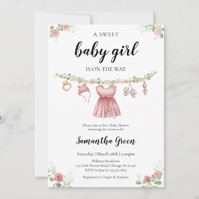 Invitación Es un Chica de ropa de bebé Baby Shower (Anverso)