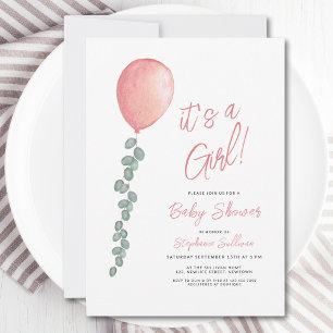 Invitación Es un Chica Eucalyptus Green Balloon Baby Shower