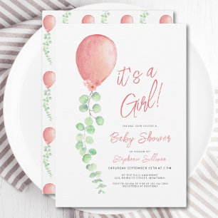 Invitación Es un Chica Eucalyptus Green Balloon Baby Shower
