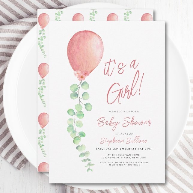 Invitación Es un Chica Eucalyptus Green Balloon Baby Shower (Subido por el creador)