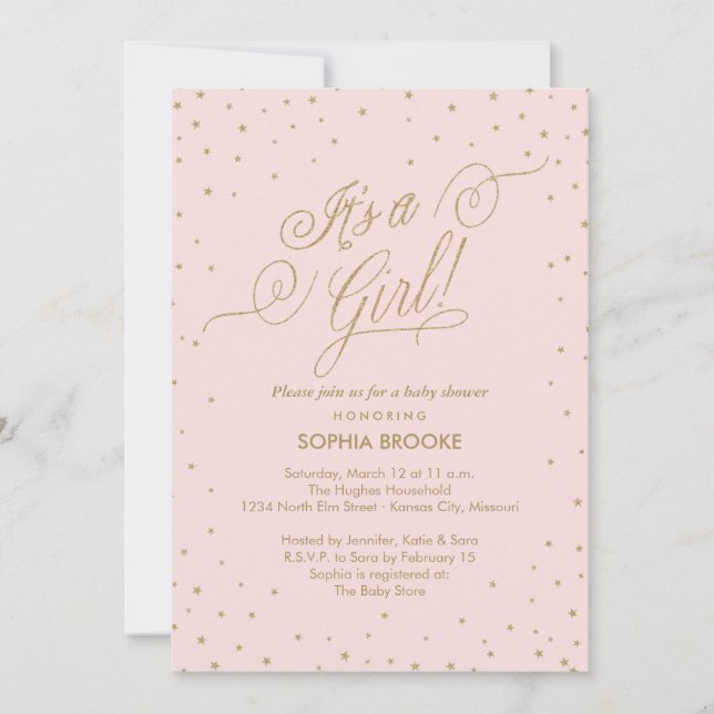 Invitación ¡Es un Chica! Fancy Gold Stars Pink Baby Shower (Anverso)