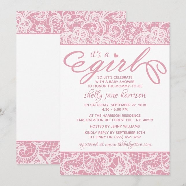 Invitación ¡Es un Chica! Fancy Pink & White Lace Baby Shower (Anverso / Reverso)