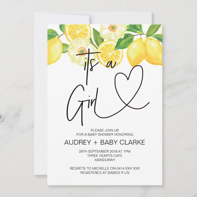Invitación Es un Chica Fiesta de Baby Shower Summer Lemon (Anverso)