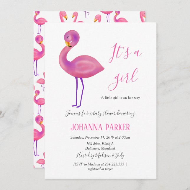 Invitación Es Un Chica | Flamingo rosa | Baby Shower (Anverso / Reverso)