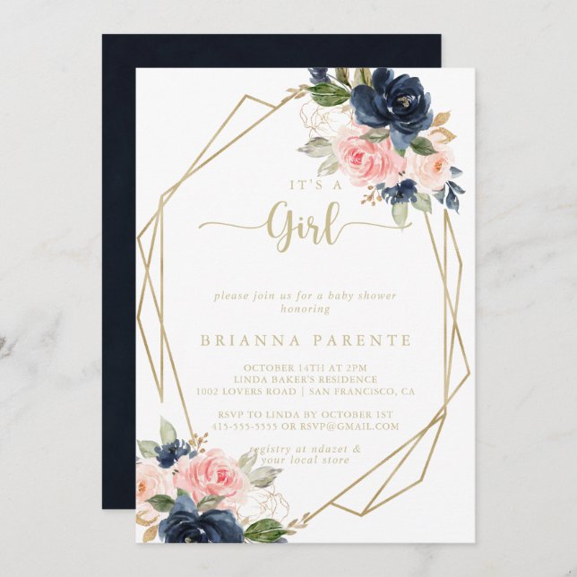 Invitación Es un Chica Floral Gold Geométrico Baby Shower (Anverso / Reverso)