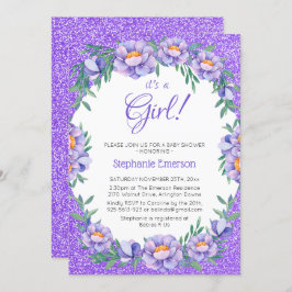 Invitación Es Un Chica Floral Purpurina Púrpura Baby Shower
